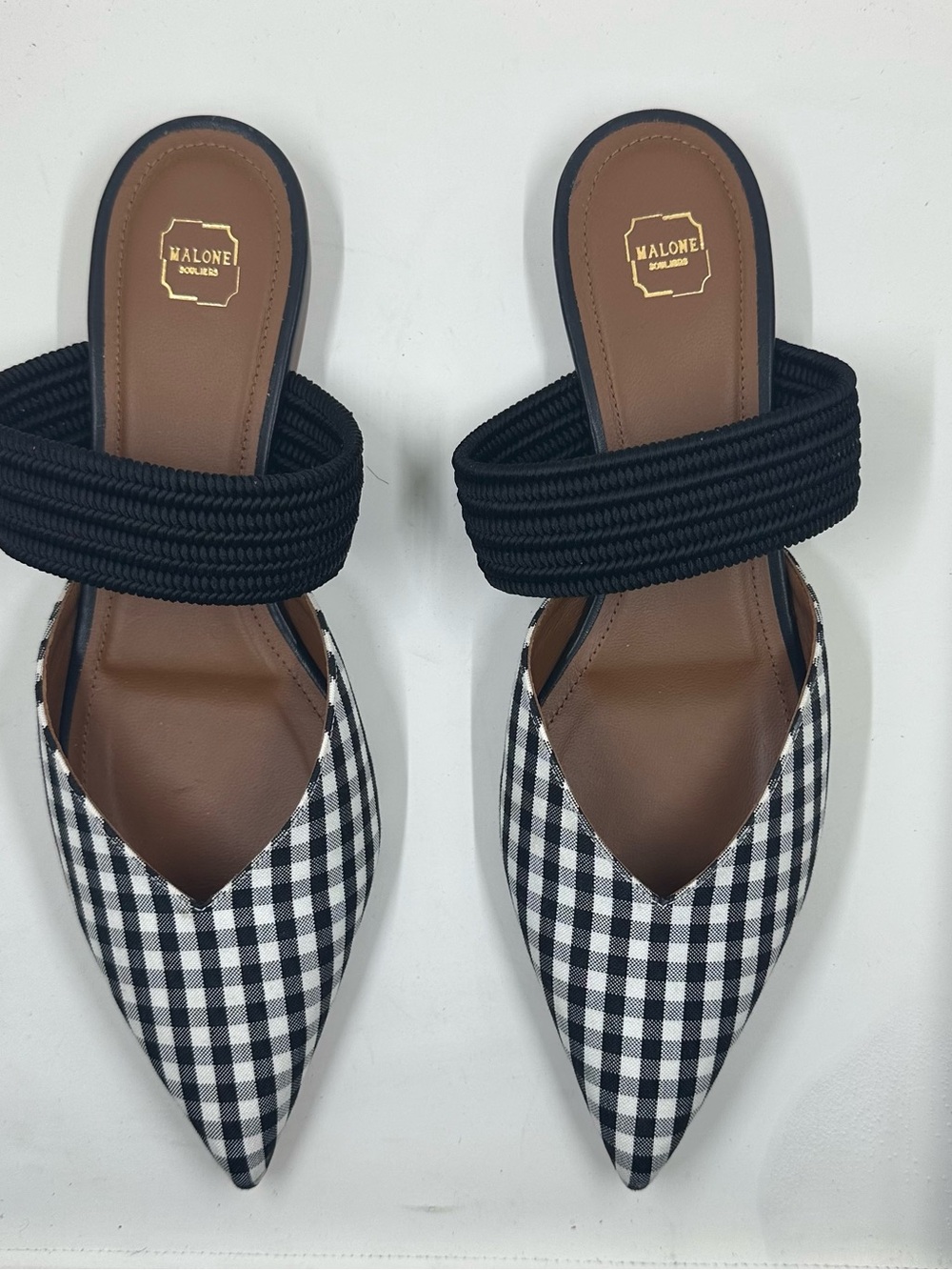 Malone Souliers Black & White Gingham Pointed-Toe Slide with Black Strap